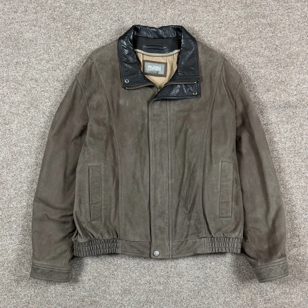 Vintage Wilsons Brown Leather Full Zip Bomber Jacket Men’s XL Contrast Collar
